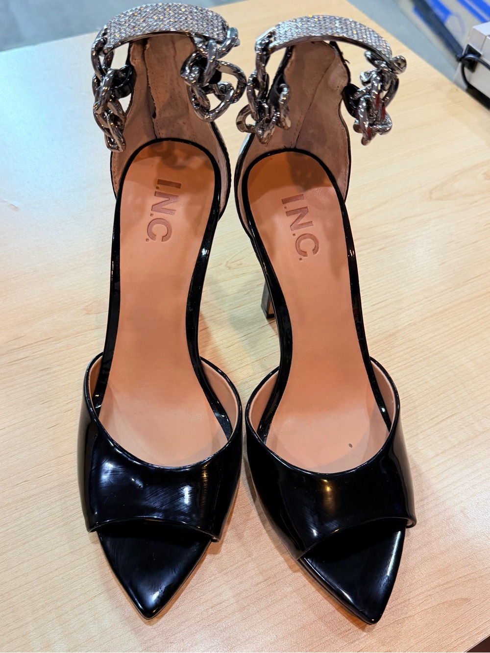 INC Black Patent Pointed Toe Ankle Strap Heels with Crystal Chain